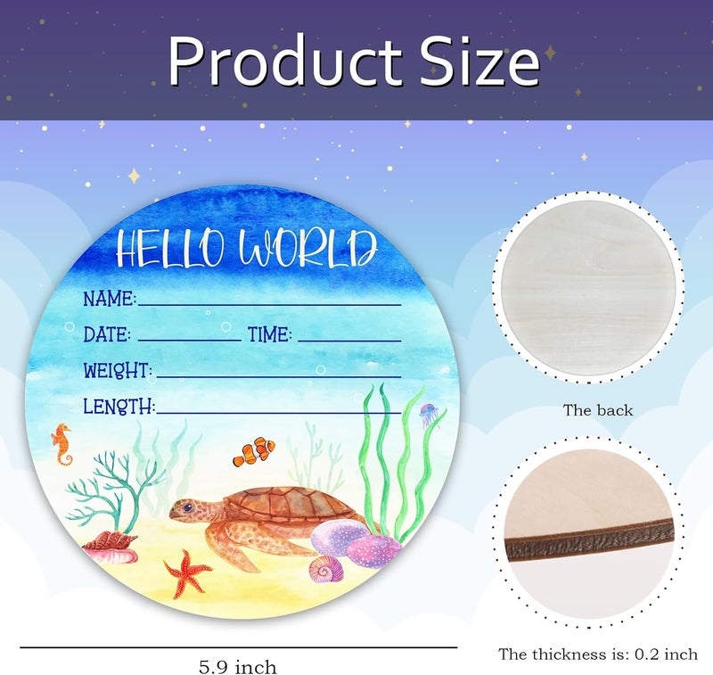 CLHHM Baby Announcement Sign, ​5.9 Inch Sea Turtle Theme Wooden Hello World Newborn Signs, Ocean Newbaby Gifts, Nursery Wall Décor, Baby Name Sign for Boys Girls - Image 2